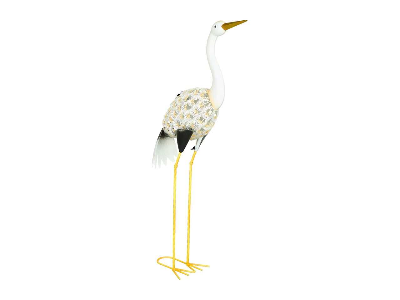 Metal crane statue, white with yellow accents.