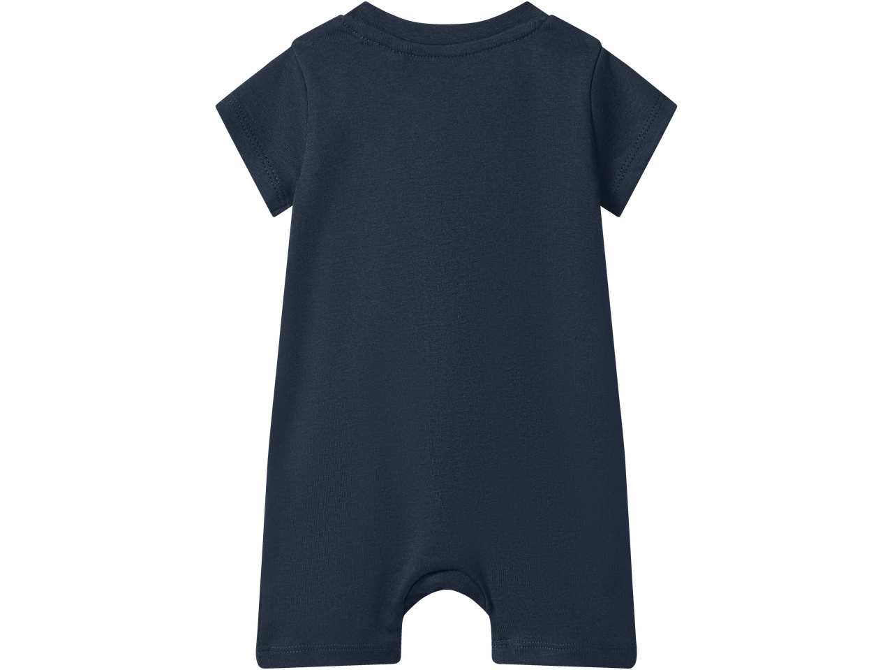 Βρεφική ολόσωμη φόρμα ύπνου σε σκούρο μπλε με κοντά μανίκια και πόδια, πίσω όψη.