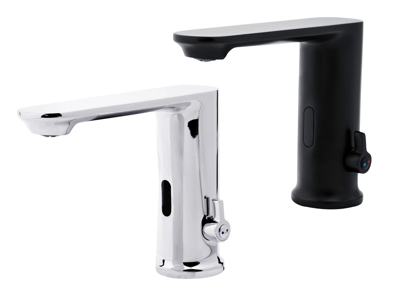 Zwei berührungslose Wasserhähne, einer in Chrom und einer in Schwarz