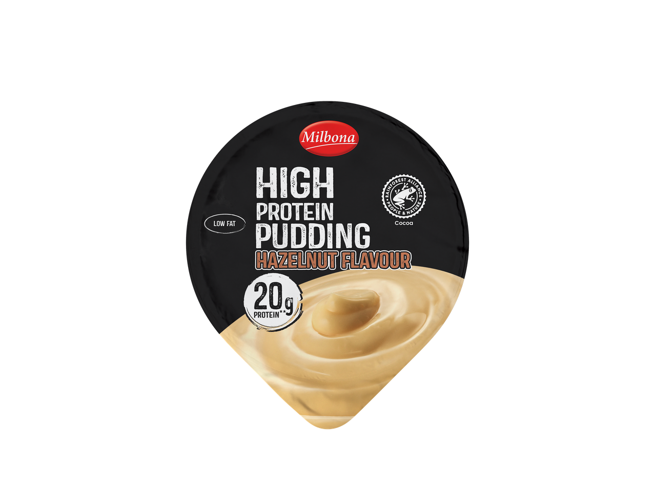 Pudim Milbona com sabor a avelã, rico em proteínas, baixo em gordura, 20g de proteína.