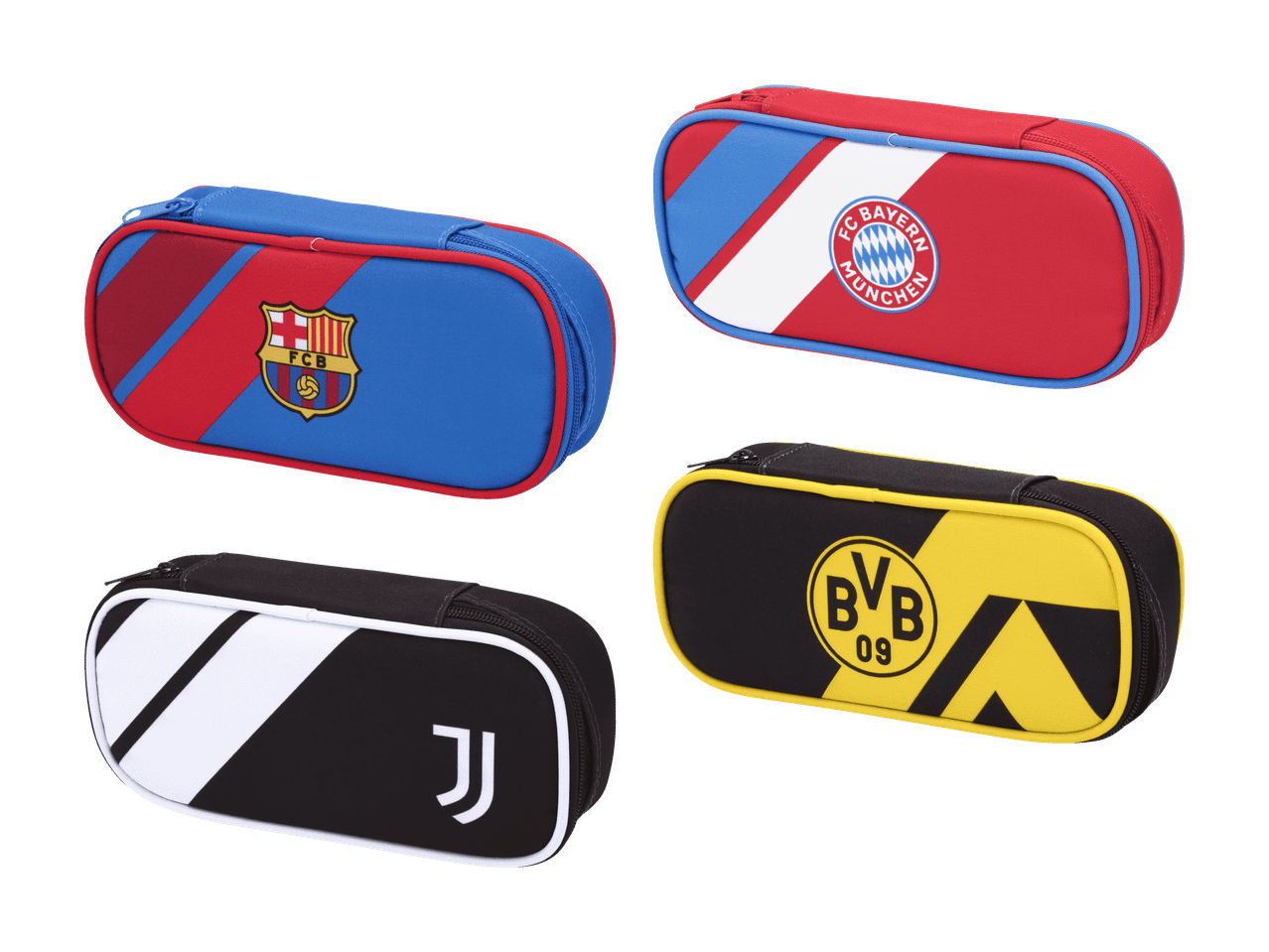 Quatre trousses de football aux couleurs et motifs de clubs célèbres.