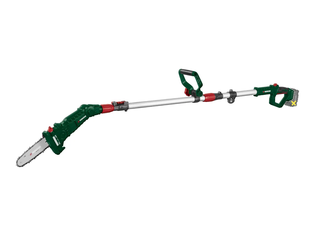 Cordless pole saw with an adjustable telescopic handle and a green and black chainsaw head.