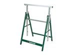 Green and silver adjustable sawhorse with a sturdy metal frame.