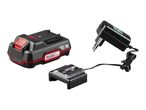 A black and red power tool battery and a black charger with a power adapter.