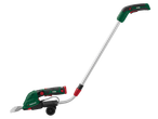 Trimmer electric de gazon cu mâner lung și roți, verde și negru.