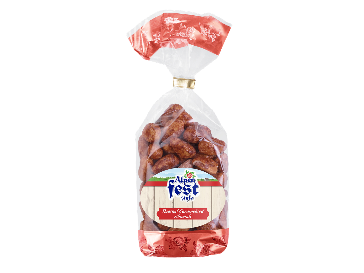 Alpen Fest Style skrudintos karamelizuotos migdolai maišelyje.