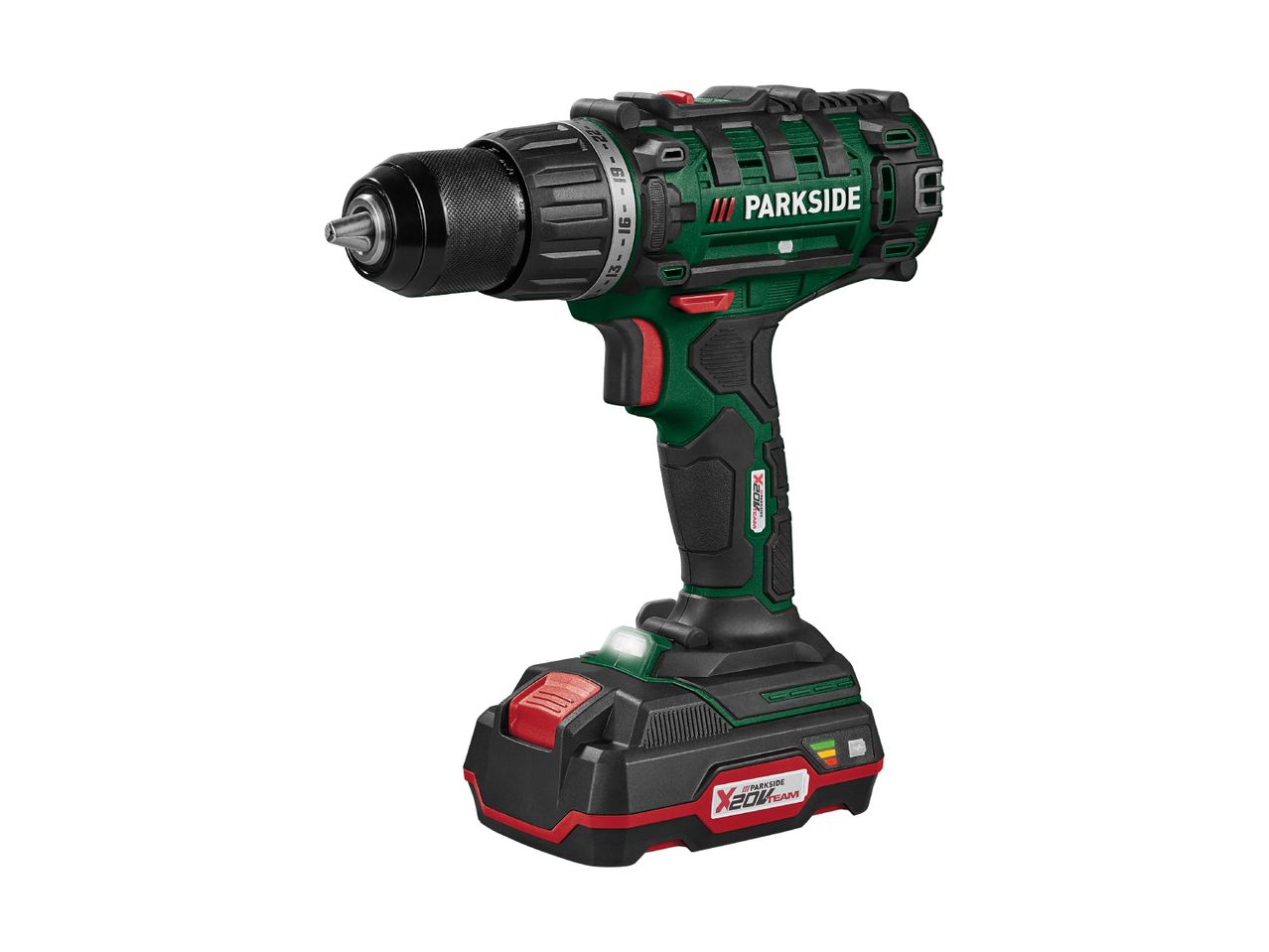 A cordless drill with a black chuck and a green and black body, featuring a red battery pack.