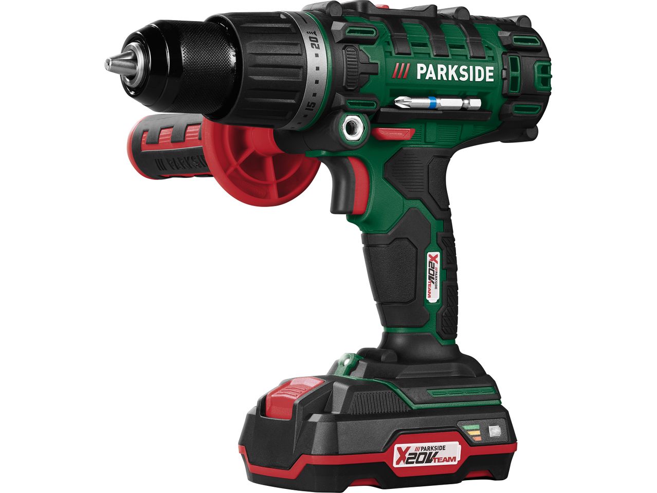 Trapano a percussione Parkside X20V Team, verde e nero, con batteria.