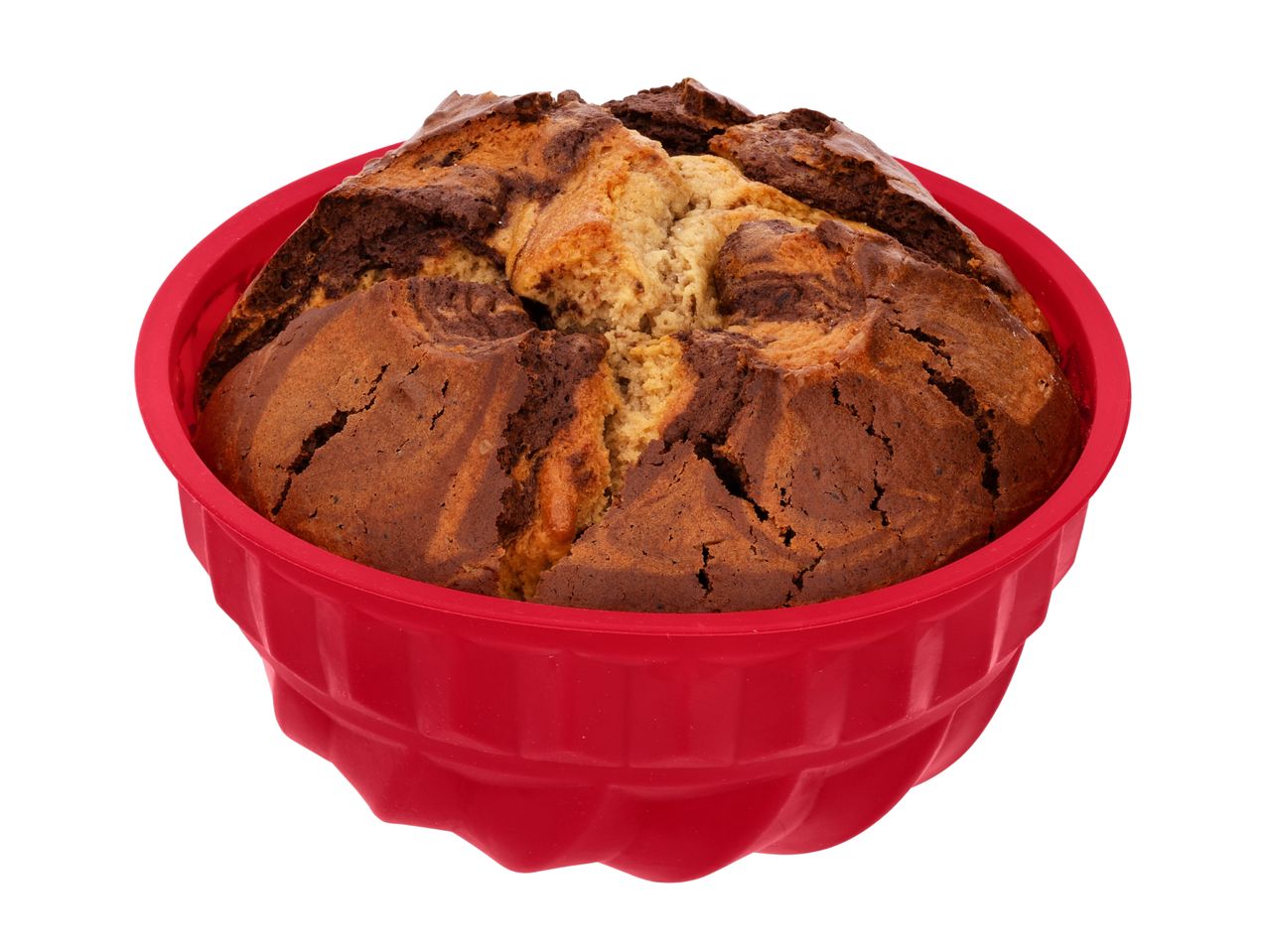 Marble cake in a red silicone baking mold