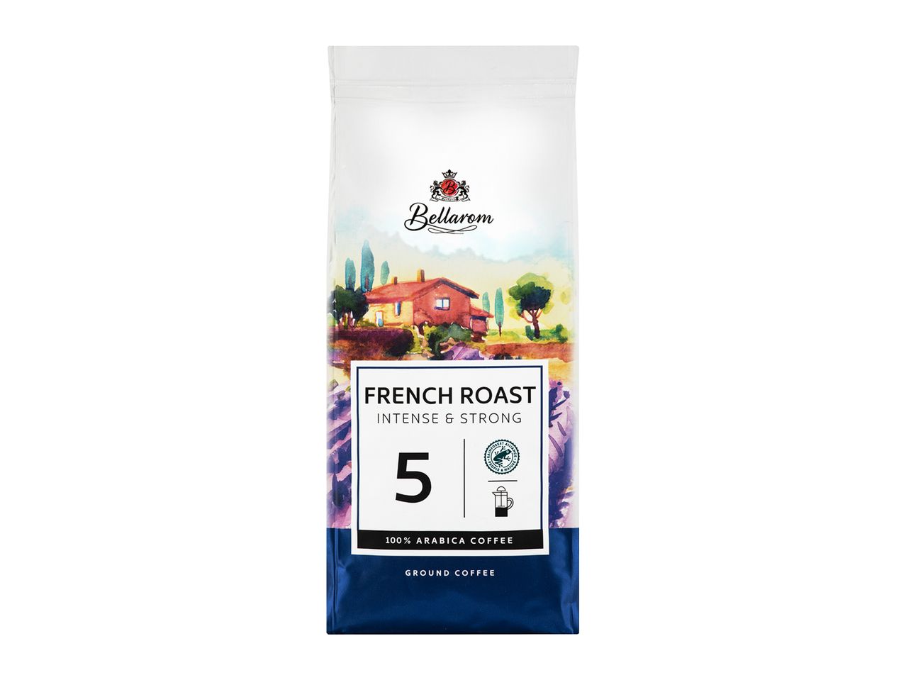 Bellarom French Roast ground coffee, intense & strong, 100% Arabica.