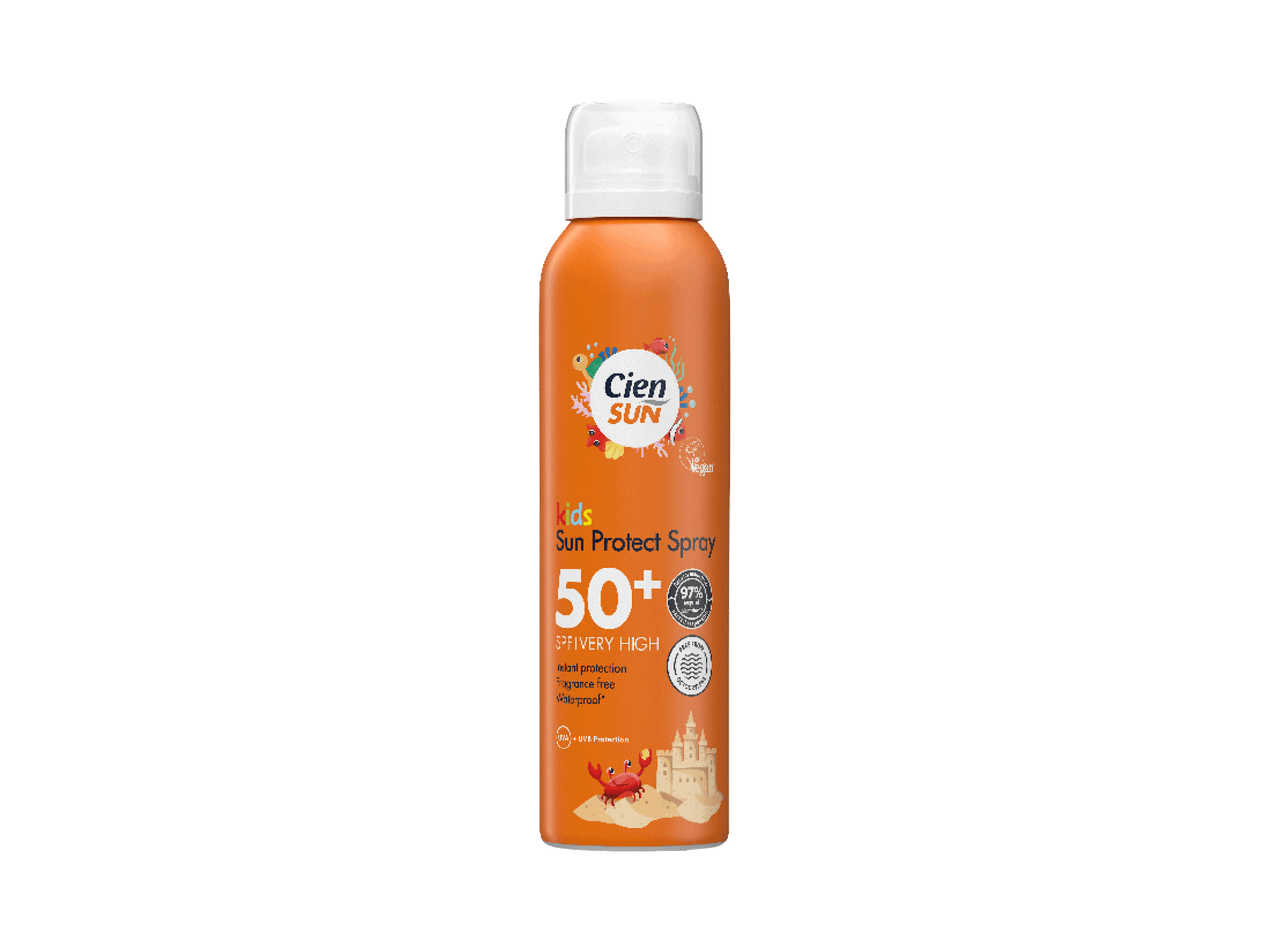 Sprej za zaštitu od sunca za decu sa SPF 50+, vodootporan, bez mirisa, sa motivima plaže.