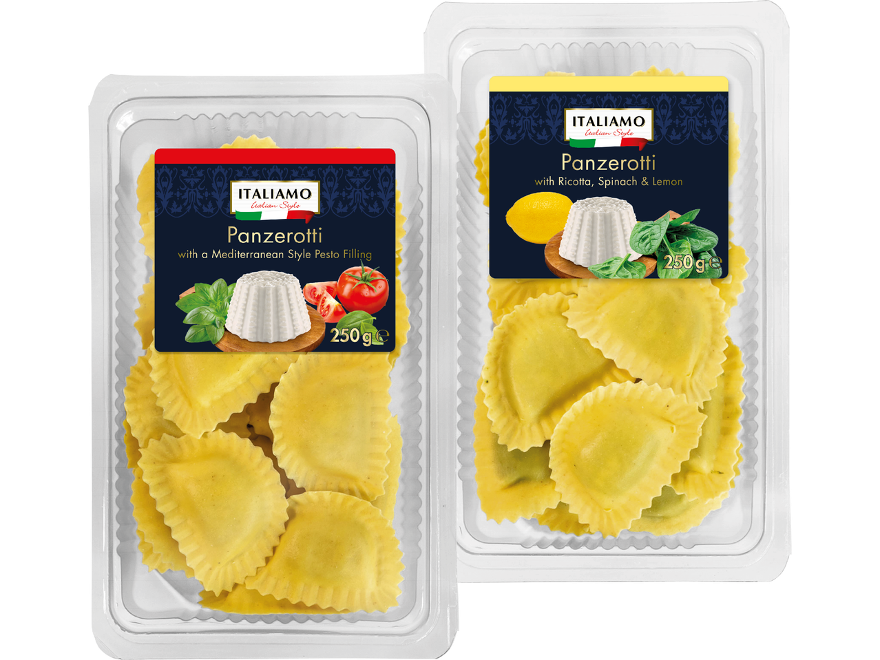 Två förpackningar med Italiamos panzerotti, en med medelhavspesto och en med ricotta, spenat och citron.
