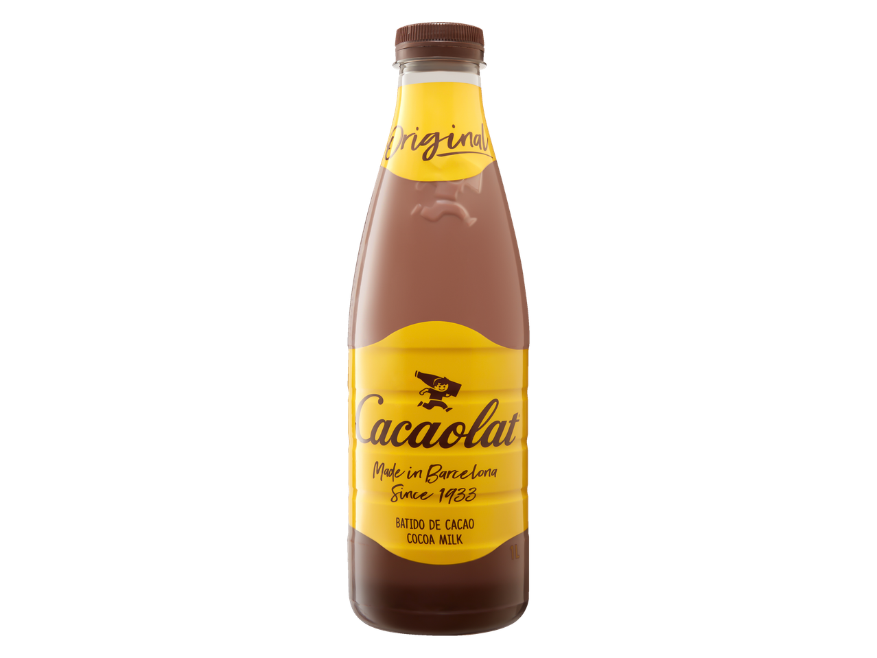 Cacaolat Chocolate Milk bottle with a yellow label, featuring a running boy and text.