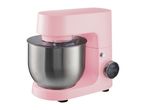 Pink stand mixer with a stainless steel bowl and digital display showing 'Turbo 2:01:50'.