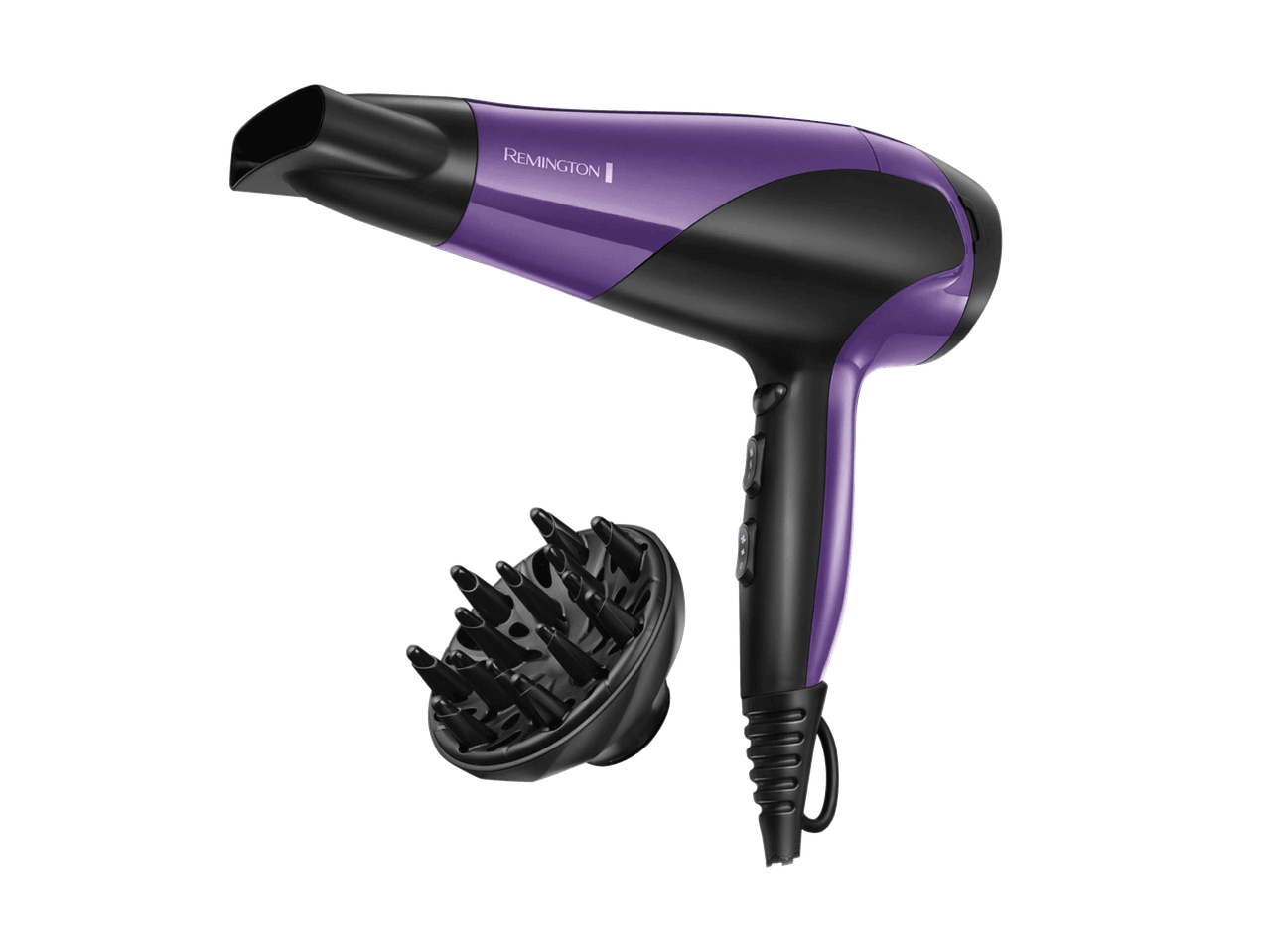 Sèche-cheveux violet et noir avec un diffuseur.