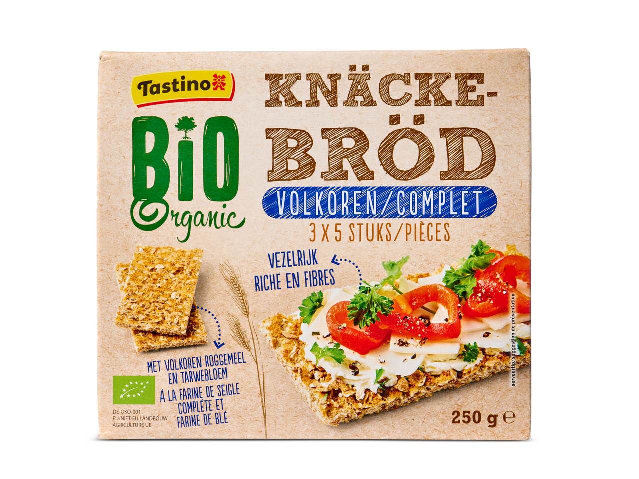Tastino bio knäckebröd: volkoren, rijk aan vezels.