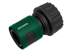 Green and black garden hose connector with textured grip and a ribbed screw cap.