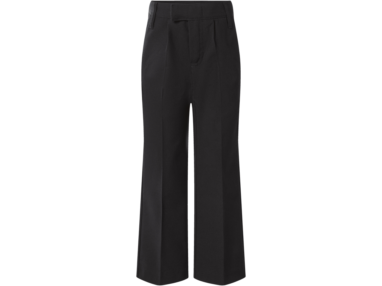Black wide-leg trousers with pleats and a front slit.