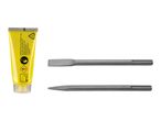 Drill chuck grease tube and two chisel bits for a hammer drill.