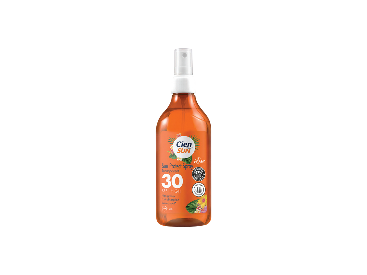 Sprej za zaštitu od sunca sa SPF 30, transparentan, nemasan, vodootporan i veganski.