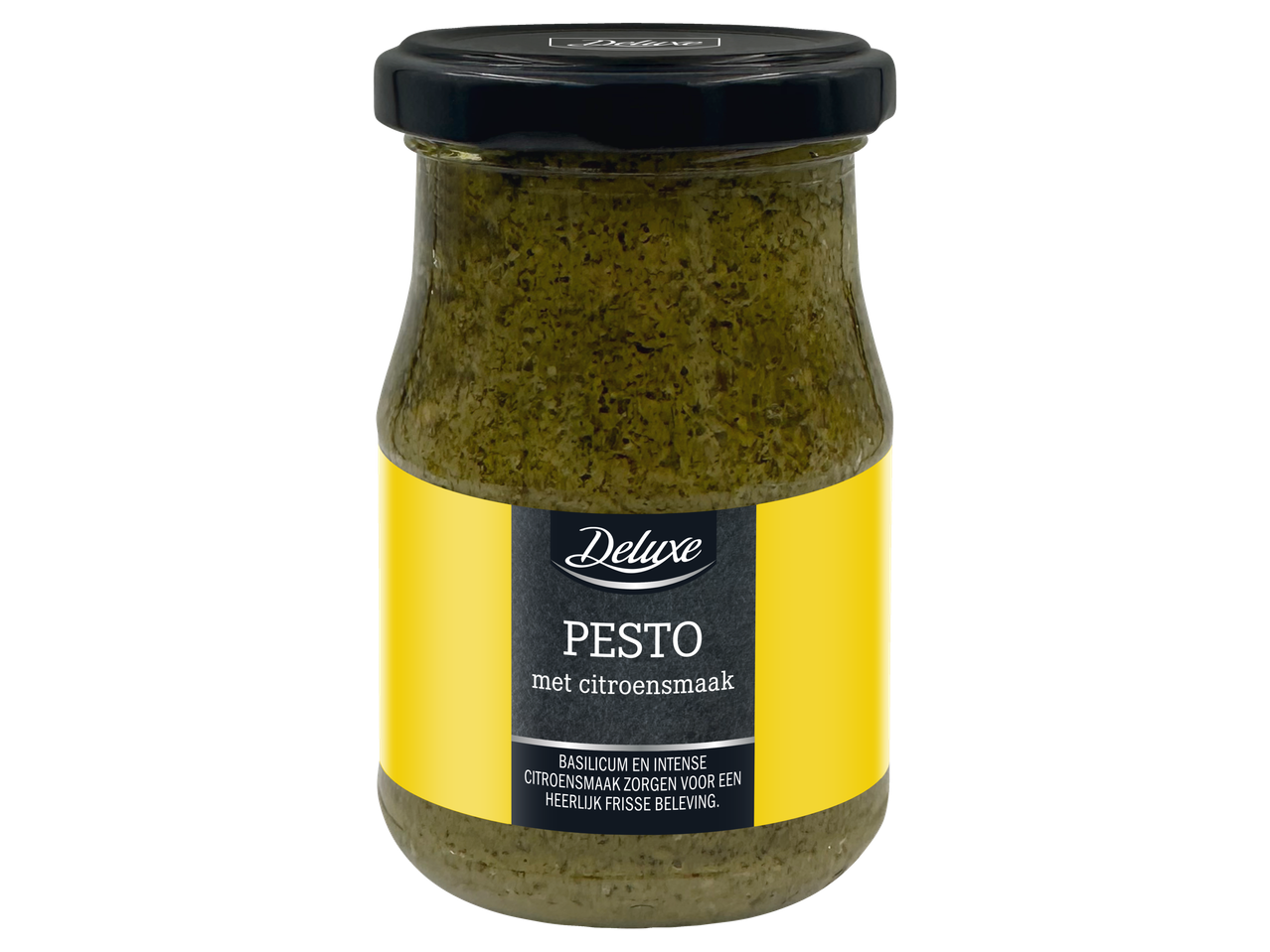 Deluxe Pesto met citroensmaak in een glazen pot.