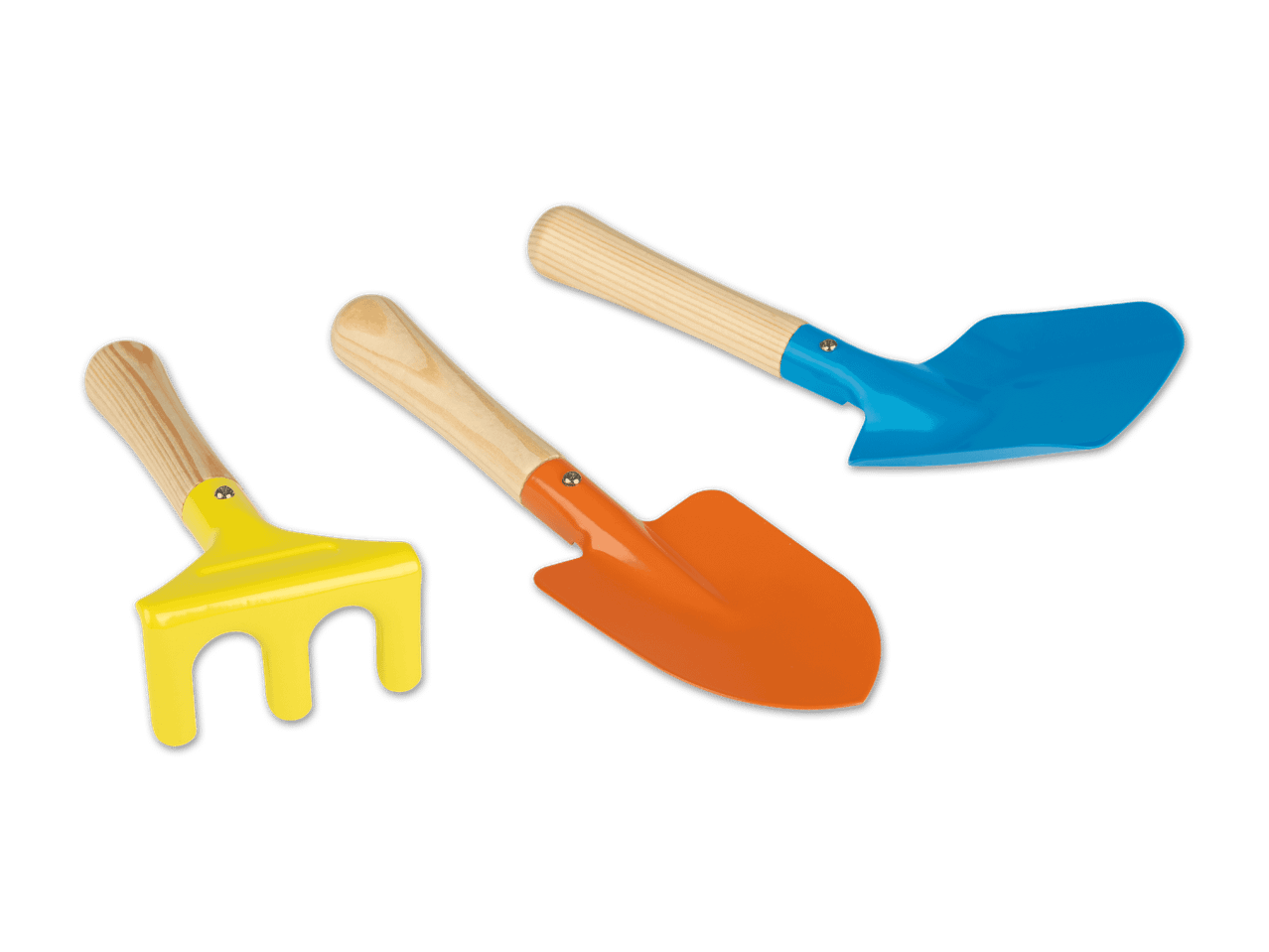 Buntes Sandspielzeug-Set mit Rechen und zwei Schaufeln