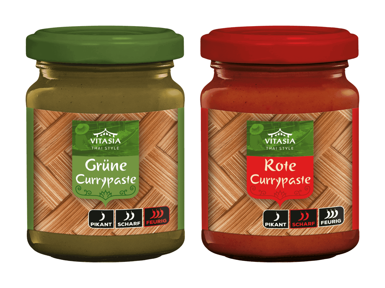 Zwei Gläser Edeka Currypaste, grün und rot.