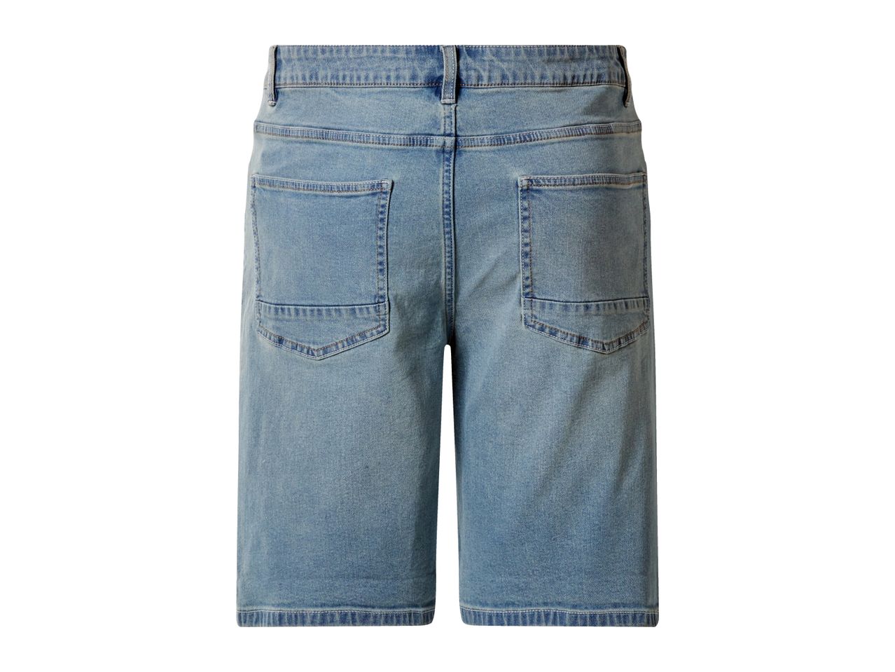 Light blue denim shorts with back pockets, seen from the back.
