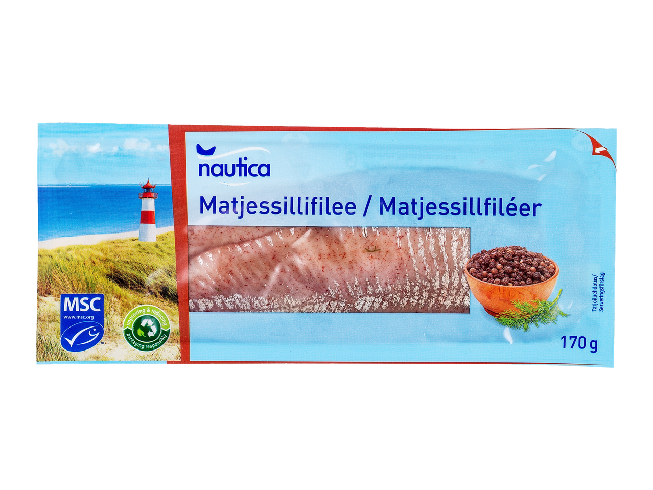 Pakkaus matjessillifileetä, jossa on majakka ja merimaisema, sekä MSC- ja kierrätysmerkinnät.
