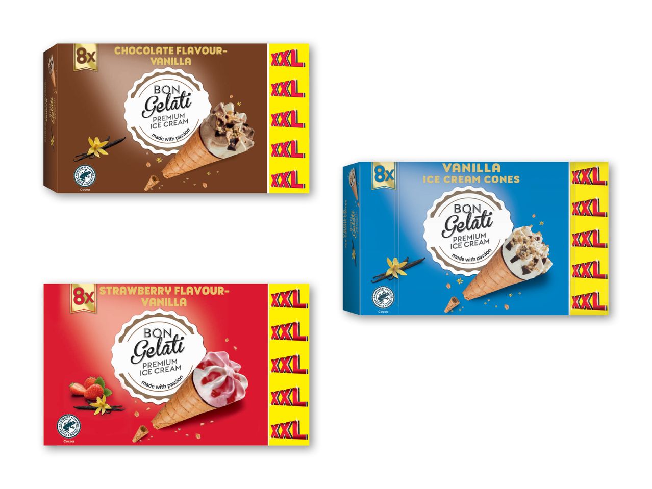 Tre pakker af Frigo isvafler i chokolade, blåbær og jordbær.