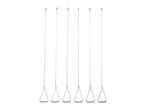 Six metal skewers with triangular handles, arranged vertically on a white background.