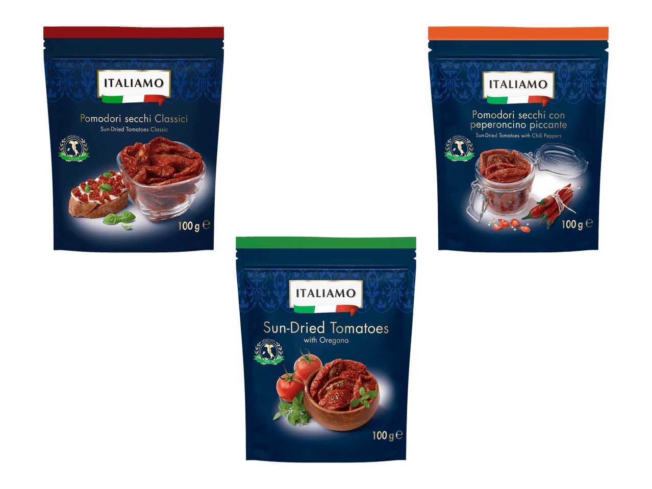 Kolme pussia Italiamo-aurinkokuivattuja tomaatteja: klassinen, chilipippurilla ja oreganolla.