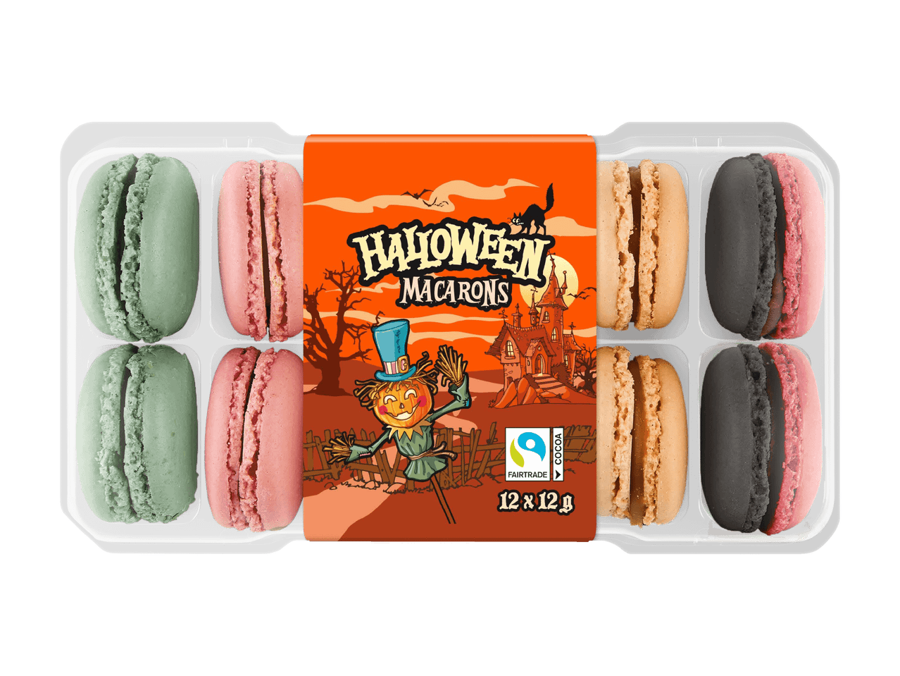Pakkaus Halloween-teemaisia macarons-leivoksia eri väreissä.