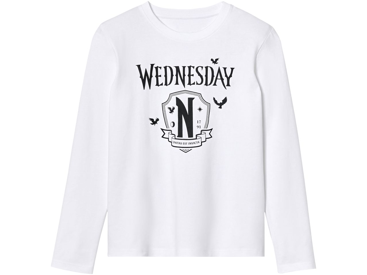 White long-sleeve t-shirt with a black 'WEDNESDAY' logo and a crest featuring an 'N' and bats.