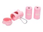 Pink dog waste bag dispenser with two rolls of pink bags.
