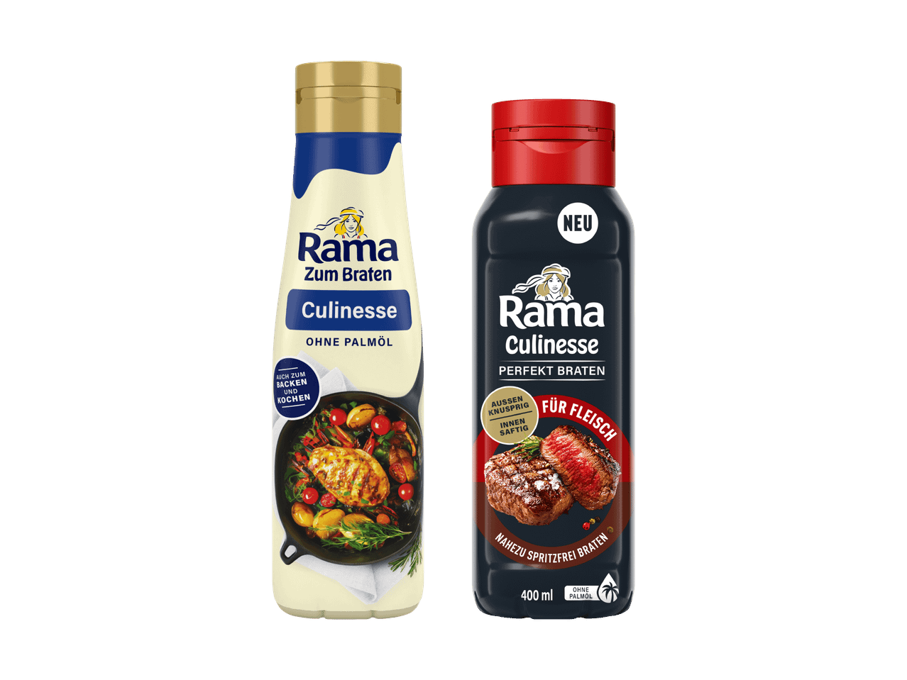 Zwei neue Rama Culinesse Bratöle: eines ohne Palmöl zum Braten, Backen und Kochen, eines speziell für Fleisch.