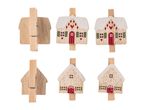 Six wooden Christmas house clothespins, three with red hearts and three with snowflakes.
