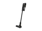 A black cordless stick vacuum cleaner stands upright on a white background.