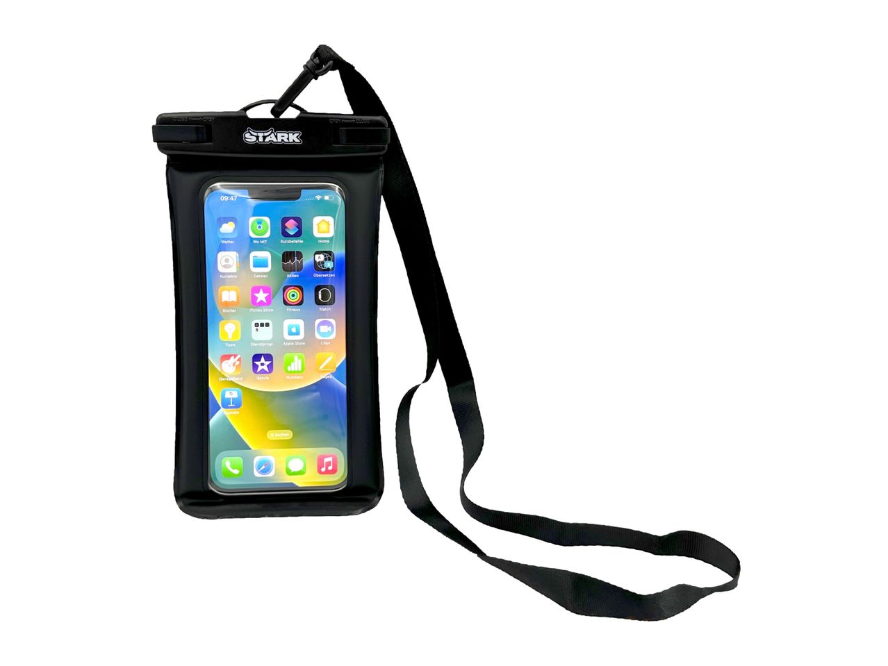 Black waterproof phone pouch with a smartphone displaying app icons and a strap.