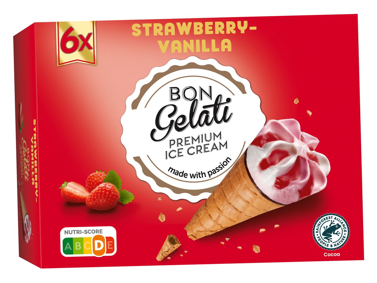 Škatla sladoleda Bon Gelati z okusom jagode in vanilije, s sladolednim kornetom in jagodami.