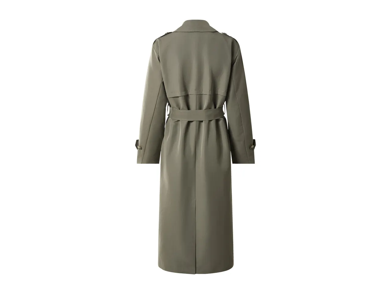 Back view of a long, olive green trench coat with a belt tied at the waist.