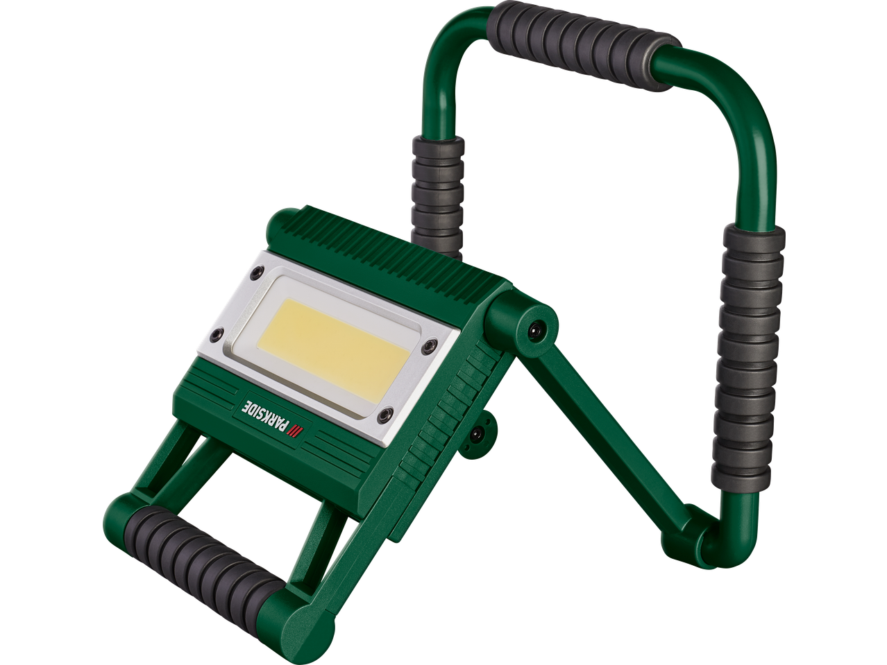 Luz de trabalho LED verde e cinzenta com suporte ajustável e pegas.