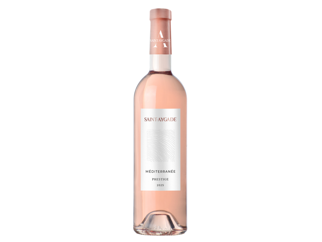 Bouteille de vin rosé avec une étiquette blanche et un bouchon rose.
