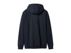 Dark blue hoodie with a hood, long sleeves, and ribbed cuffs and hem, viewed from the back.