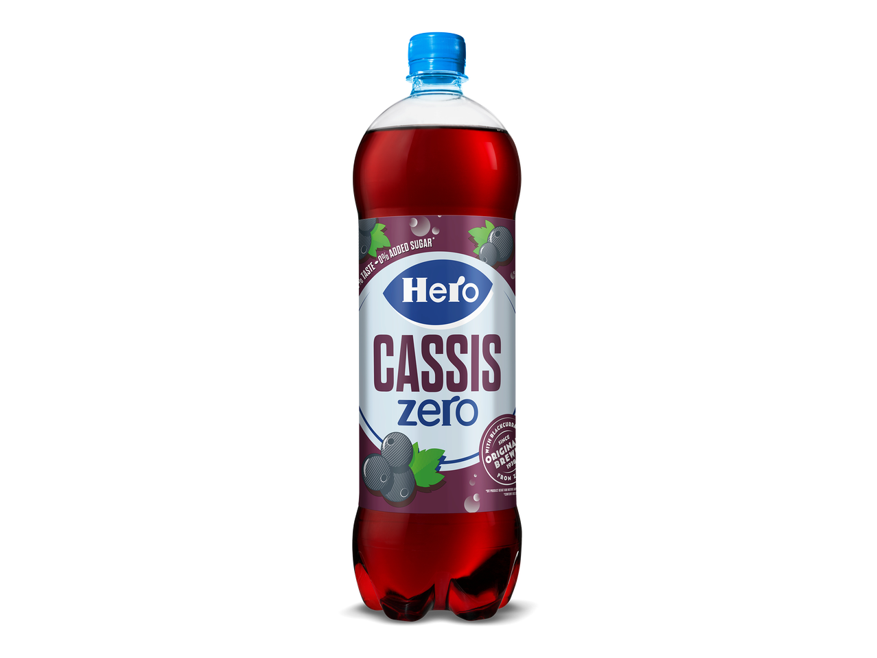 Fles zwartebessenlimonade met 0% toegevoegde suiker.
