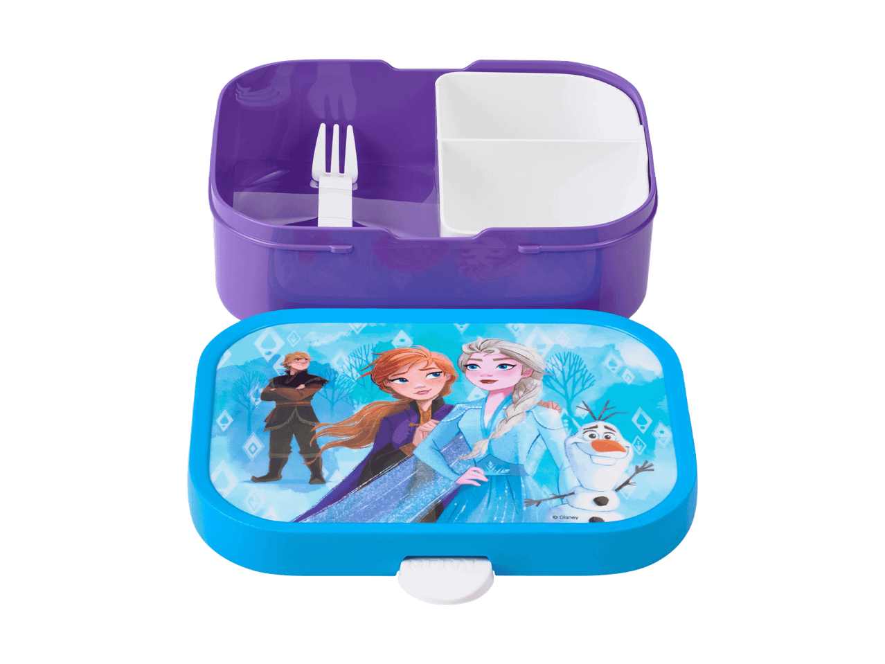 Lilla madkasse med hvid gaffel og rum, med et låg med Frost-figurerne Elsa, Anna, Kristoff og Olaf.