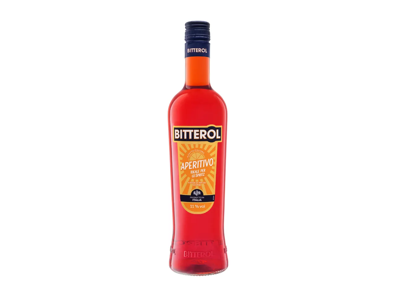 A bottle of red aperitivo with a yellow label, ideal for spritz, 11% vol.