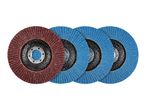 Four flap discs for grinding, one red and three blue, arranged in a row.