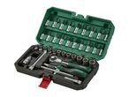 Open socket wrench and bit set in a green and black plastic case