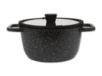 Schwarzer Kochtopf mit weiß gesprenkelter Oberfläche und Glasdeckel